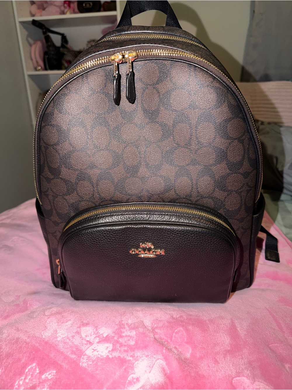 Coach Brown Signature Canvas Mini Backpack with Dark Brown Trim